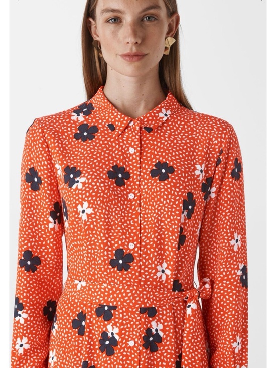 Whistles Confetti Floral Shirt Dress Red Orange Floral Long-Sleeve Midi Dress, 8 - Picture 3 of 14